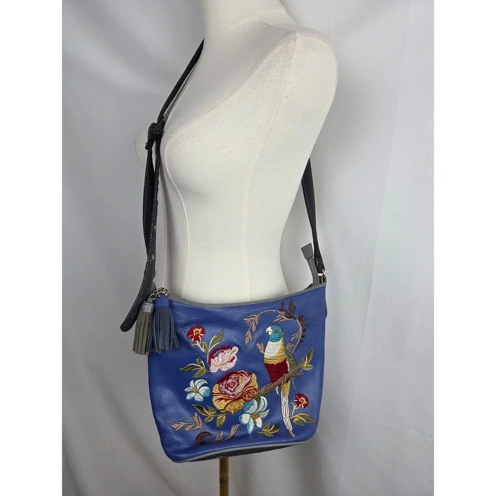 Sharif Crossbody Bag Medium Blue Embroidered Parrot Floral Tassel Leather